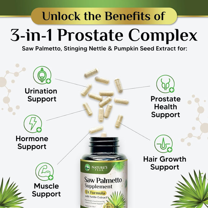 Saw Palmetto for Men Prostate Supplement - Potent 3X Formula with Stinging Nettle + Pumpkin Seed Extract for Men's Health, Herbal Prostate Supplement for Urinary Support, Bottled in USA
