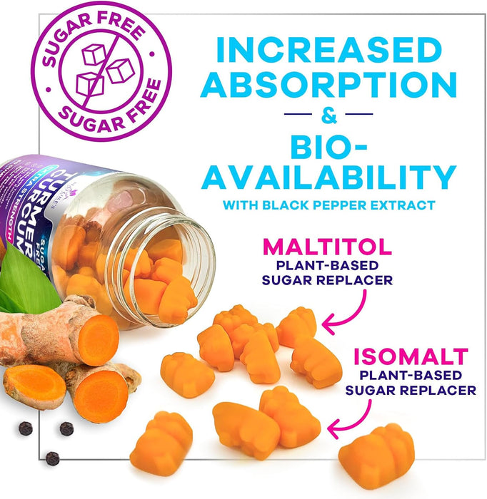 Turmeric Supplement Gummies Sugar Free - Turmeric Curcumin and Ginger Gummies with Black Pepper Extract for High Absorption, Curcumin Gummy for Joint Support, Non-GMO, Gluten Free
