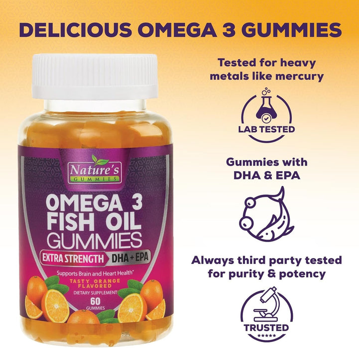 Omega 3 Fish Oil Gummies, Extra Strength Omega Fish Oil Supplement, High Absorption for Joint, Heart & Brain Support, Nature's Heart Healthy Omega 3s DHA EPA Gummy Vitamin, Orange Flavor