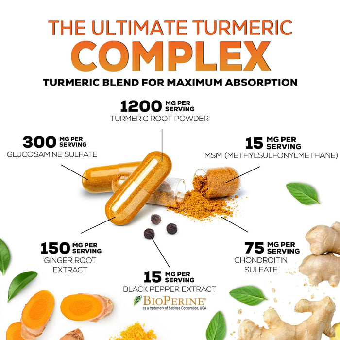 Turmeric Curcumin Supplement 2000mg with Glucosamine Chondroitin & Ginger, 95% Curcuminoids, BioPerine Black Pepper for Best Absorption, Nature's Joint Support, Non-GMO, Bottled in USA - 120 Capsules