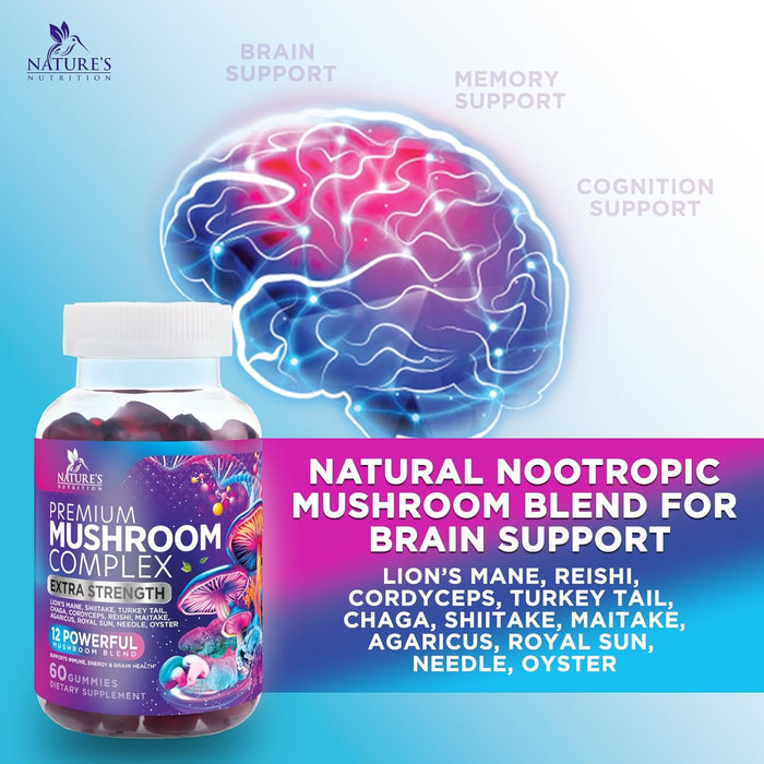 Mushroom Supplement Gummy - 12 in 1 Mushroom Complex with Lions Mane, Reishi, Cordyceps, Chaga & Turkey Tail, Immune Support & Nootropic Supplements for Memory, Brain, Energy & Focus