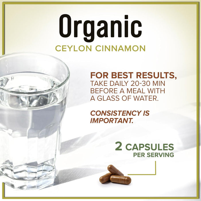 Ceylon Cinnamon Capsules Supplement 1800mg - Certified Organic Ceylon Cinnamon Powder Pills - Energy & Heart Support for Women & Men, Bottled in USA, Antioxidant, Gluten Free, Non-GMO - 60 Capsules
