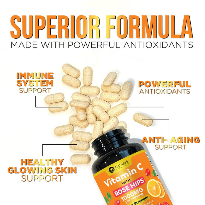 Vitamin C 1000mg Chewable Supplement - Extra Strength Immune Support Vitamin C Dietary Supplement with Rose HIPS, Nature's VitaminC Antioxidant Support, Natural, Vegan, Orange Flavor - 120 Tablets