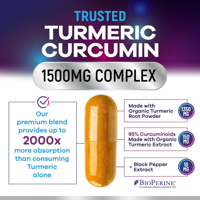 Turmeric Curcumin Supplement with Organic Turmeric - 95% Curcuminoids & BioPerine Black Pepper for High Absorption, Nature's Vegan Joint Support, 1500mg Tumeric Non-GMO, Bottled in USA