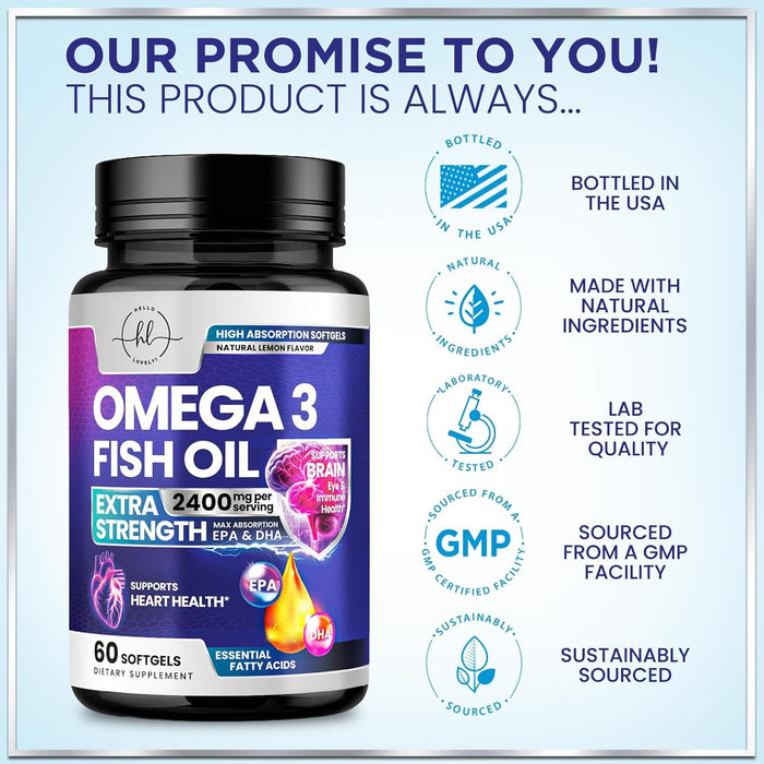 Omega 3 Fish Oil Supplements 2400mg - Triple Strength Omega 3 Fatty Acids, Natural Heart Health Brain & Joint Support - Fatty Acids with EPA & DHA - Wild Caught Fish Oil Supplement - 60 Softgels