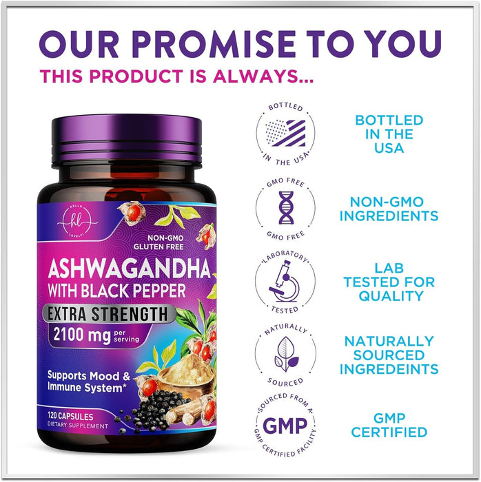 Ashwagandha 2,100 mg Extra Strength - Pure Ashwagandha Powder Antioxidant Support with Black Pepper plus Root Extract Vegan Adaptogen Formula Supplements for Energy and Immune Support