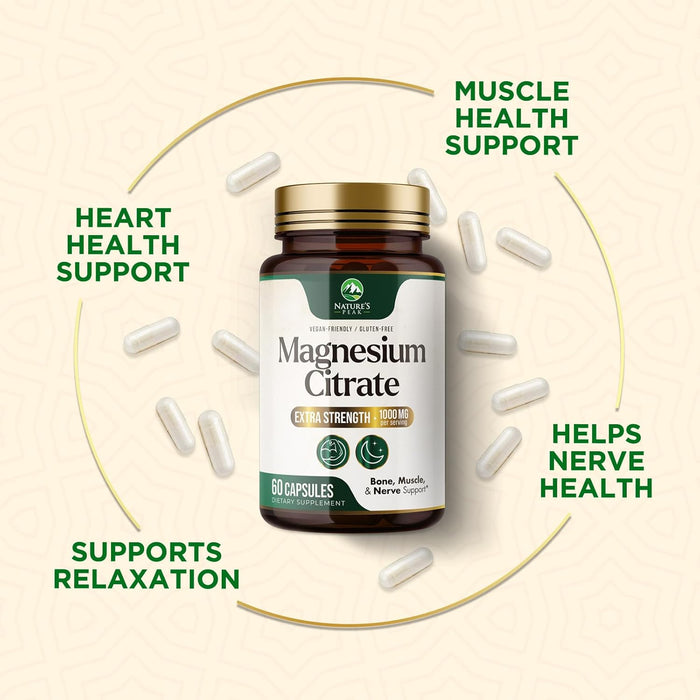 Magnesium Citrate 1000mg - High Absorption Magnesium Supplement Supports Muscle, Bone, Nerve & Heart Health - Extra Strength Magnesio Complex Pills - Non-GMO, Premium Energy Formula - 60 Capsules