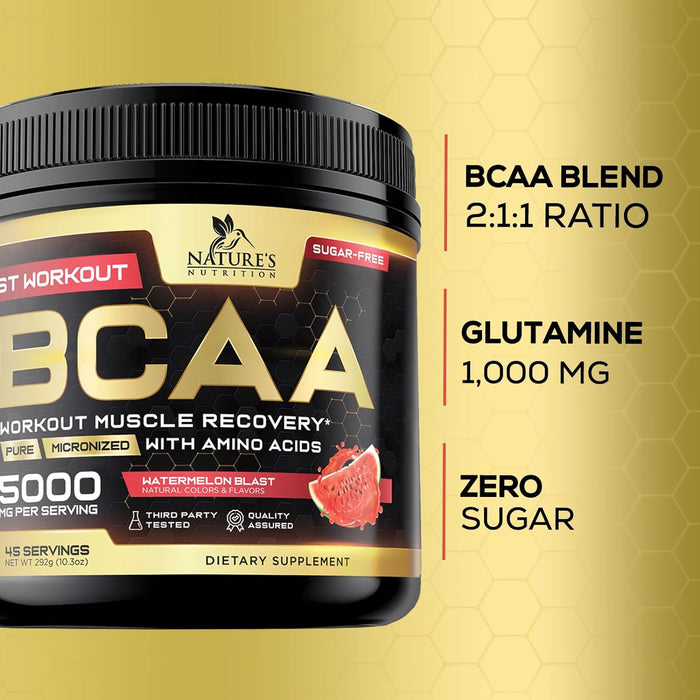 BCAA Powder - Post Workout Muscle Recovery Support Supplement, Pre Workout Energy 2:1:1 with Essential Amino Acids, Keto, Sugar-Free, 4g BCAAs plus 1g Glutamine per Serving, Watermelon - 45 Servings