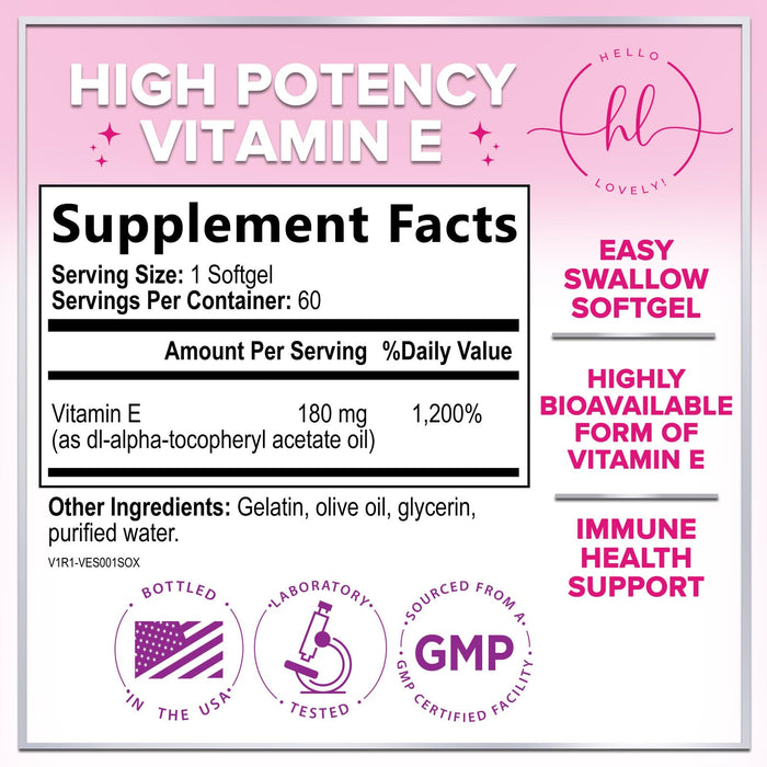 Vitamin E for Women and Men - 180 mg (400 IU) dl-Alpha - Powerful Antioxidant Dietary Supplement - Hair, Skin, & Immune Health Support - Easily Absorbed Form, Non-GMO & Gluten Free - 60 Softgels