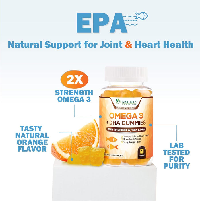 Omega 3 Fish Oil Gummies, Heart Healthy Omega 3s with DHA & EPA, Extra Strength Joint & Brain Support, Omega 3 Fish Oil Supplement Nature's Gummy Vitamin for Men & Women, Orange Flavor