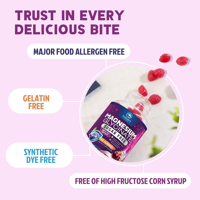 Magnesium Glycinate Gummies 60mg - Sugar Free Magnesium Gummy Supports Bone, Muscle, Nerves & Heart Health - Nature's Sleep Support - Gluten Free, Non GMO, Vegan, Pectin Based