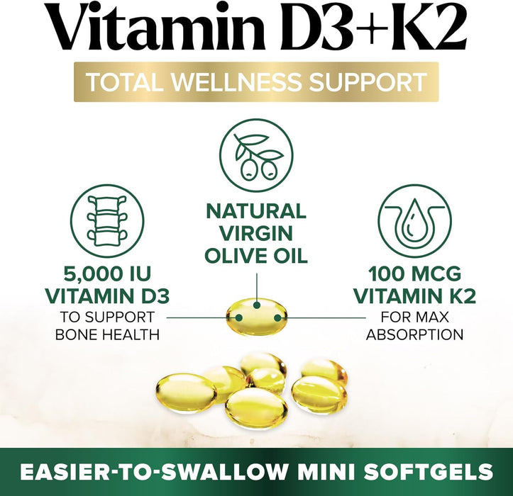 D3 K2 Vitamin 5000 IU | 2-in-1 Vitamin D 5000iu & Mk7 Vitamin K 100 mcg Dietary Supplement for Bone & Immune Support, Bottled in USA, Easy to Swallow, Gluten Free, Non-GMO