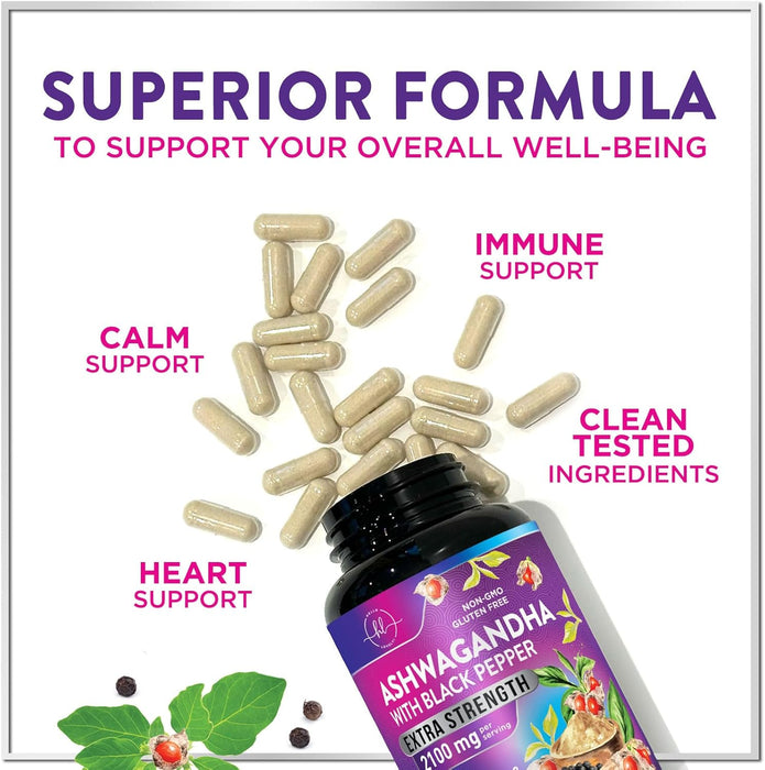 Ashwagandha 2,100 mg Extra Strength - Pure Ashwagandha Powder Antioxidant Support with Black Pepper plus Root Extract Vegan Adaptogen Formula Supplements for Energy and Immune Support
