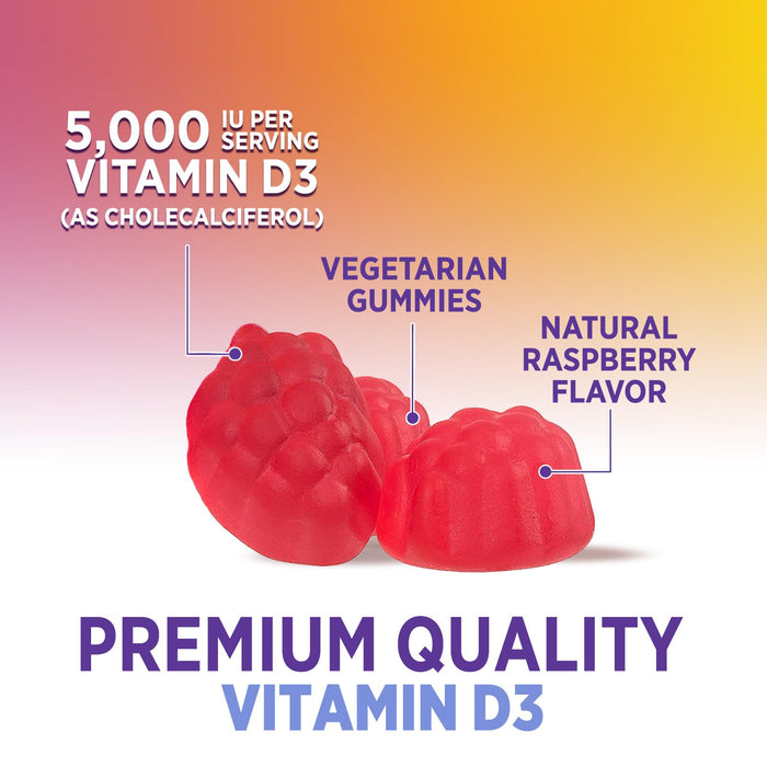 Vitamin D3 Gummies 5000 IU (125 mcg) - Extra Strength Immune Support, Bone, Teeth and Muscle Vitamin D Gummy Dietary Supplement, Nature's Berry D Vitamin Supplement, Raspberry, Non-GMO - 60 Gummies