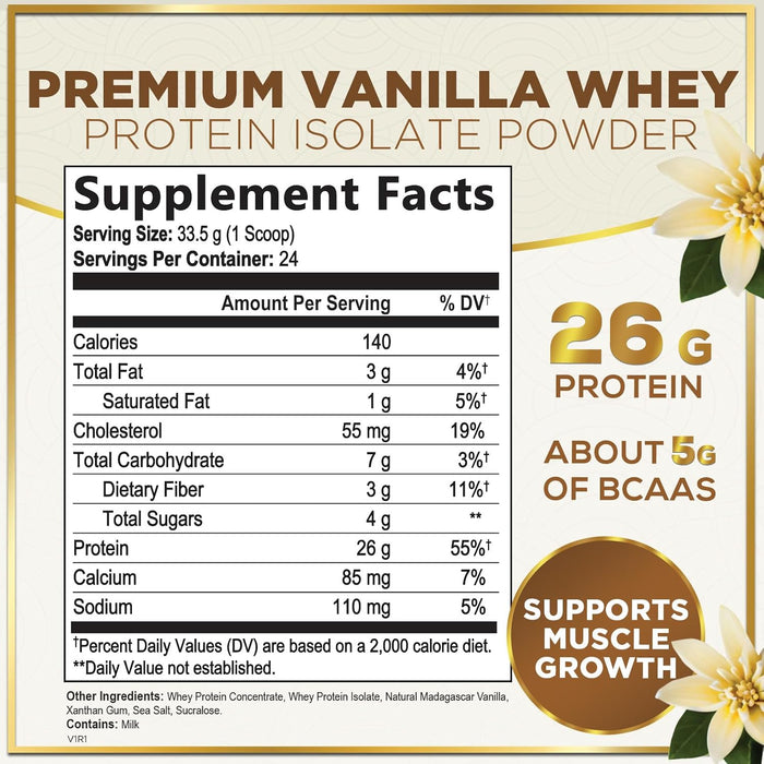 100% Whey Protein Powder, Creamy Vanilla Whey Isolate 26g Protein & BCAAs - Support Muscle Growth, Recovery & Fitness - Gluten Free, Fast Absorbing, Easy Digesting - Women & Men - 24 Servings