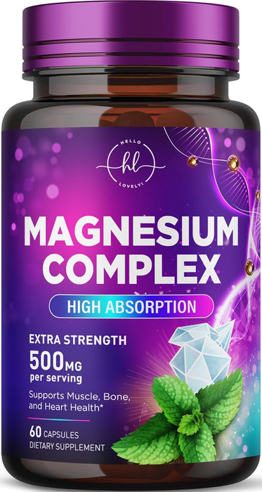 Magnesium Complex 500 mg - Best Blend of Glycinate, Citrate, Malate & Oxide - Supports Sleep, Muscle, Bone & Heart Health - High Absorption, Chelated Magnesium Mineral Supplement - 60 Capsules