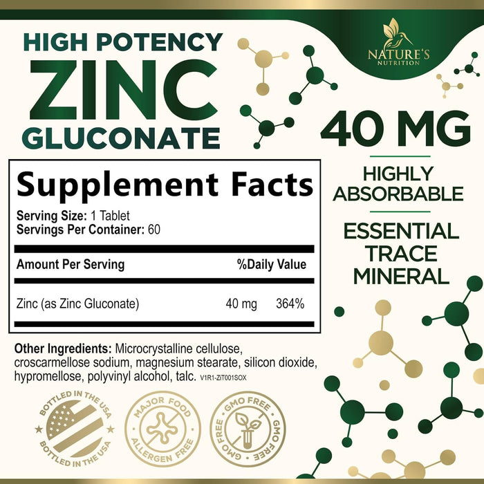 Zinc 40mg Supplements for Women and Men, Supplement for Immune Health Support, Skin Health Support, & Antioxidant Supplement for Adults with Zinc Gluconate 40 mg, High Potency, Non-GMO