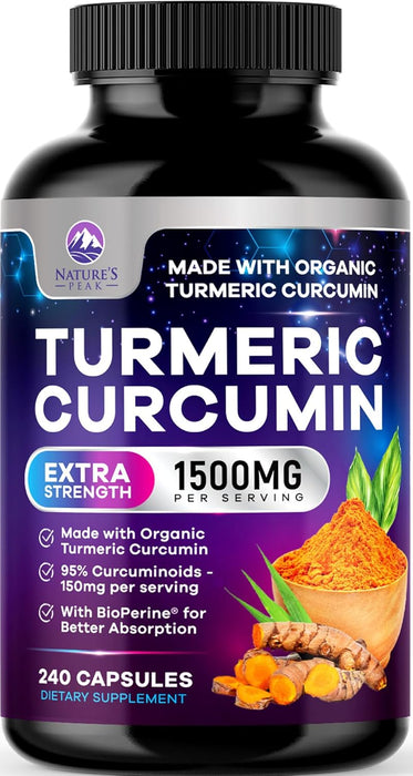 Turmeric Curcumin Supplement with Organic Turmeric - 95% Curcuminoids & BioPerine Black Pepper for High Absorption, Nature's Vegan Joint Support, 1500mg Tumeric Non-GMO, Bottled in USA