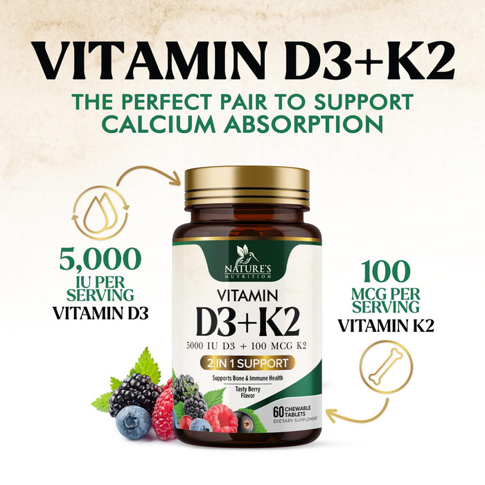 Vitamin D3 K2 | 5000 IU D3 + K2 100 mcg | MK-7 K2 with Vitamin D | Supports Immune – 60 Tablets