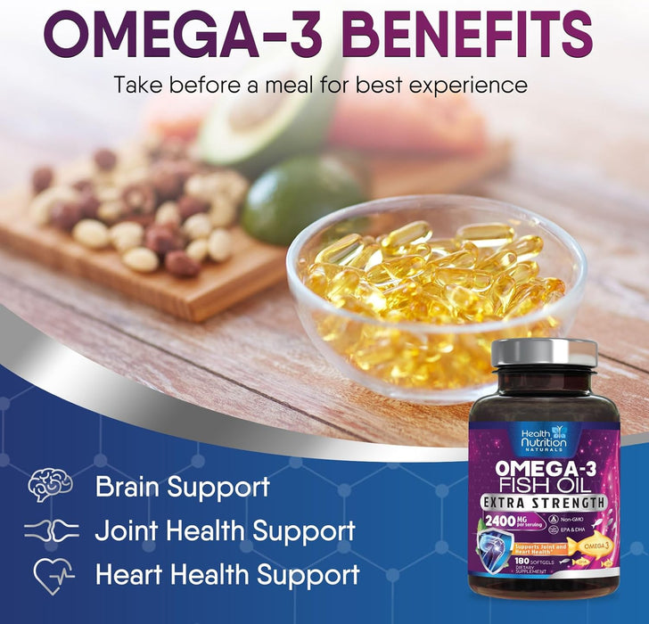 Health Nutrition Naturals Omega-3 Fish Oil Supplement, Triple Strength 2400mg High EPA 864mg and DHA 288mg for Natural Heart Support and Brain Support, Wild Caught Non-GMO, Lemon Flavor