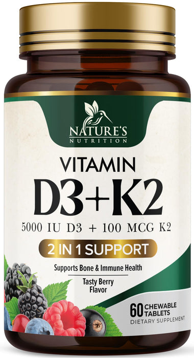 Vitamin D3 K2 | 5000 IU D3 + K2 100 mcg | MK-7 K2 with Vitamin D | Supports Immune – 60 Tablets