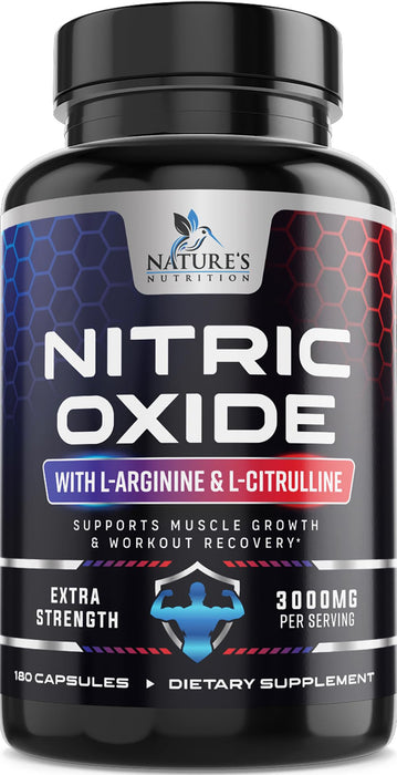 Nitric Oxide Formula with L-Arginine + Citrulline – 3000mg – 180 Capsules