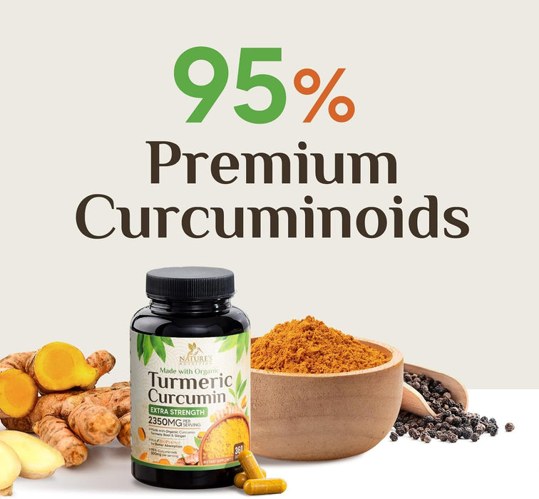 Turmeric Curcumin Supplement 1750mg with Organic Turmeric & Ginger, 95% Curcuminoids, BioPerine Black Pepper for Best Absorption, Nature's Vegan Joint Support, Non-GMO, Bottled in USA
