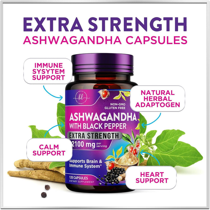 Ashwagandha 2,100 mg Extra Strength - Pure Ashwagandha Powder Antioxidant Support with Black Pepper plus Root Extract Vegan Adaptogen Formula Supplements for Energy and Immune Support