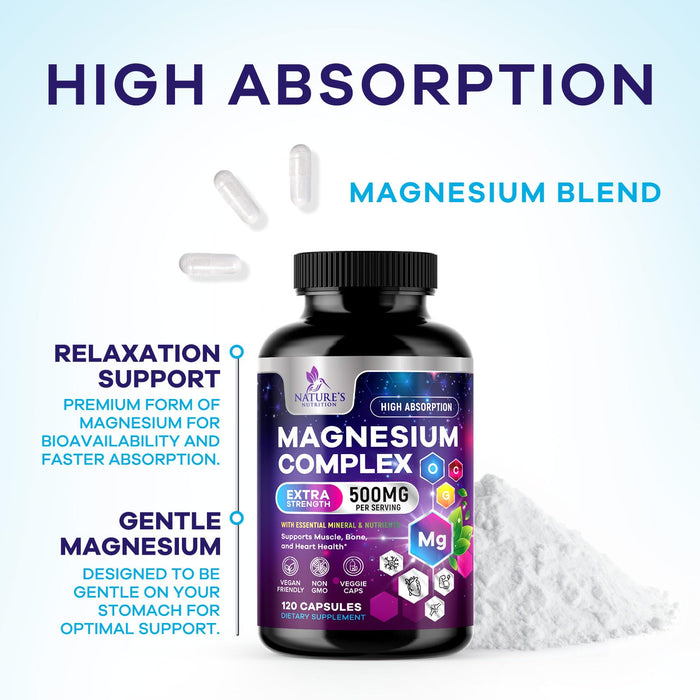 Magnesium Complex Supplement 500 mg - 5 in 1 High Absorption Chelated Magnesium Glycinate, Malate, Citrate, Oxide, Aquamin - Non-GMO Magnesio Capsules, Bone Muscle & Heart Health Support, 120 Capsules