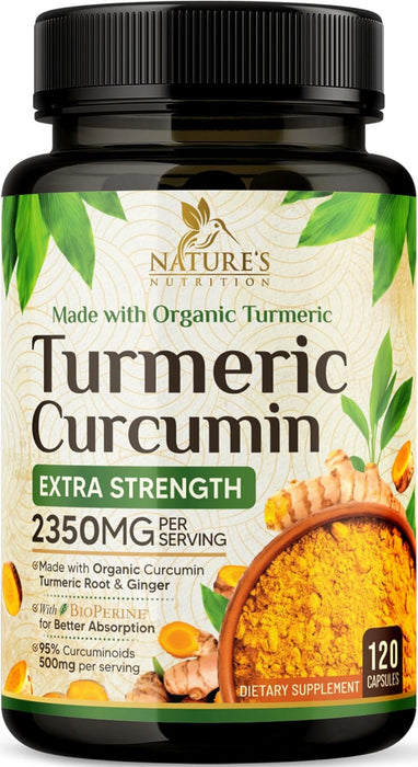 Turmeric Curcumin Supplement 1750mg with Organic Turmeric & Ginger, 95% Curcuminoids, BioPerine Black Pepper for Best Absorption, Nature's Vegan Joint Support, Non-GMO, Bottled in USA