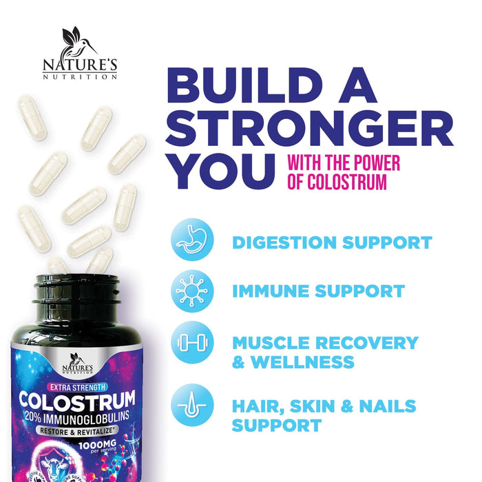 Colostrum For Women Supplement 1000mg 20% Immunoglobulins for Muscle, Skin & Hair Support - Gut Health Digestive & Immune Support - Bovine Colostrum Powder - Gluten Free & Unflavored - 60 Capsules