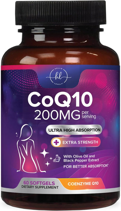 CoQ10 200mg Softgels - Ultra High Absorption, Antioxidant for Heart Health & Energy Production Support - Coenzyme Q10 (Ubiquinone) Co Q 10 Supplement and Vitamins 100mg Each - Non GMO
