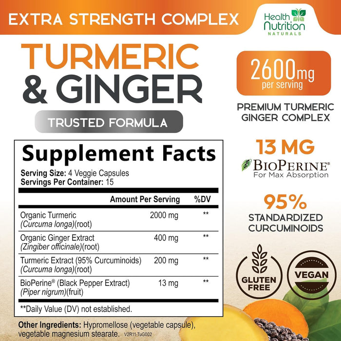 Turmeric Curcumin Supplement 2600mg - with Organic Ginger & Turmeric, 95% Curcuminoids, BioPerine Black Pepper for Best Absorption, Nature's Vegan Joint Support, Non-GMO, Bottled in USA - 60 Capsules