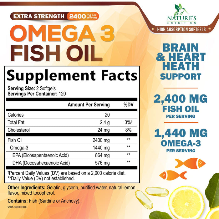 Omega 3 Fish Oil 2400mg - Triple Strength EPA + DHA - 240 Softgels