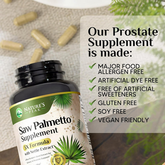 Saw Palmetto for Men Prostate Supplement - Potent 3X Formula with Stinging Nettle + Pumpkin Seed Extract for Men's Health, Herbal Prostate Supplement for Urinary Support, Bottled in USA