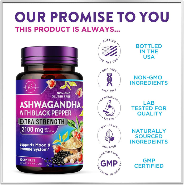 Ashwagandha 2,100 mg Extra Strength - Pure Ashwagandha Powder Antioxidant Support with Black Pepper plus Root Extract Vegan Adaptogen Formula Supplements for Energy and Immune Support