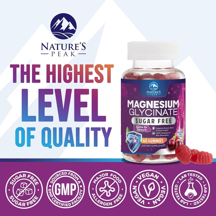 Magnesium Glycinate Gummies 60mg - Sugar Free Magnesium Gummy Supports Bone, Muscle, Nerves & Heart Health - Nature's Sleep Support - Gluten Free, Non GMO, Vegan, Pectin Based