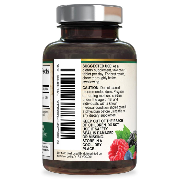 Vitamin D3 5000 IU (125 mcg) Nature's Vitamin D Chewable for – 120 Count Tablets