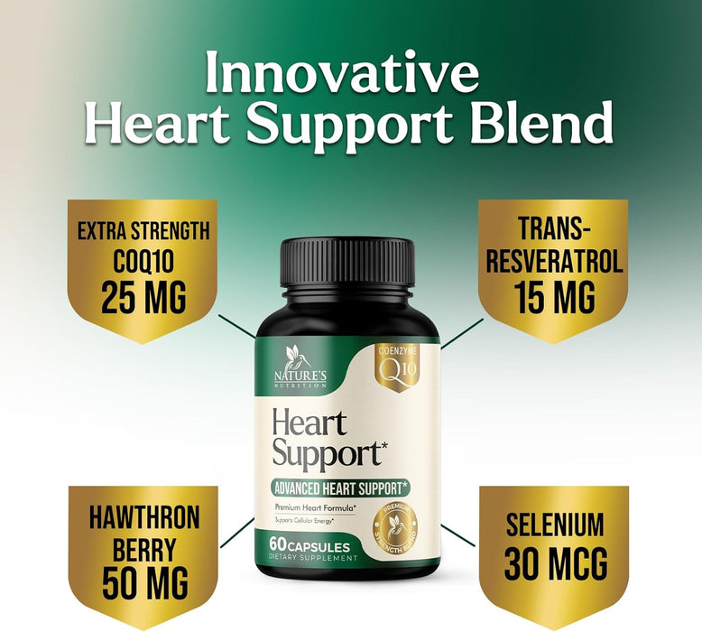 Heart Supplements 1650mg for Heart Health Support with CoQ10, L-Arginine, Magnesium, Hawthorn - 22 Natural Heart Vitamins & Extracts to Support Nitric Oxide & Energy Production, and More - 60 Capsules