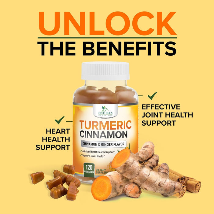 Turmeric Curcumin with Cinnamon & Ginger Gummies 95% Curcuminoids Black Pepper for Max Absorption Joint Support, Nature's Tumeric Herbal Extract Supplement Gummy Capsules, Vegan, Non-GMO - 60 Gummies