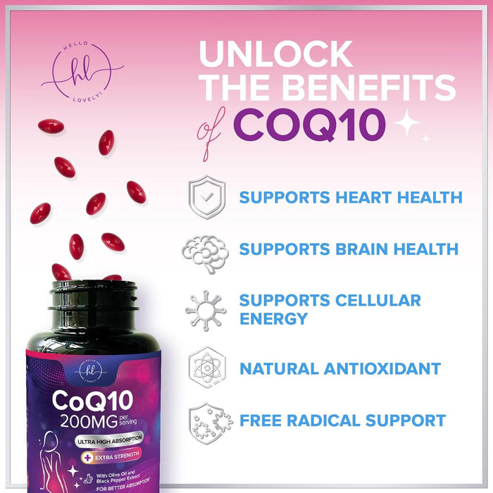 CoQ10 200mg Softgels - Ultra High Absorption, Antioxidant for Heart Health & Energy Production Support - Coenzyme Q10 (Ubiquinone) Co Q 10 Supplement and Vitamins 100mg Each - Non GMO