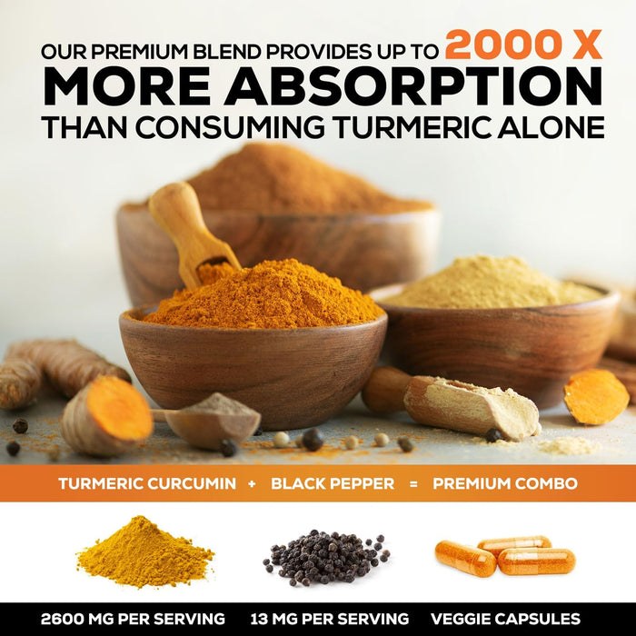 Turmeric Curcumin with BioPerine 95% Curcuminoids 2600mg with Black Pepper for Absorption – 180 Capsules