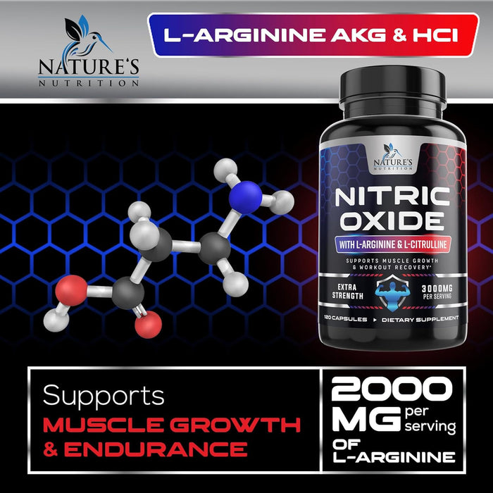 Nitric Oxide Booster Extra Strength 3000mg - L Arginine 3X Strength Nitric Oxide Supplements for Men and Women, Citrulline, Supports Muscle, Heart Health & Energy Supplement, Non-GMO - 120 Capsules