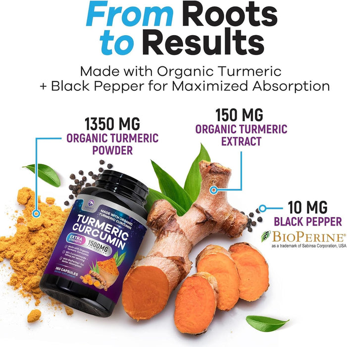 Turmeric Curcumin Supplement with Organic Turmeric - 95% Curcuminoids & BioPerine Black Pepper for High Absorption, Nature's Vegan Joint Support, 1500mg Tumeric Non-GMO, Bottled in USA