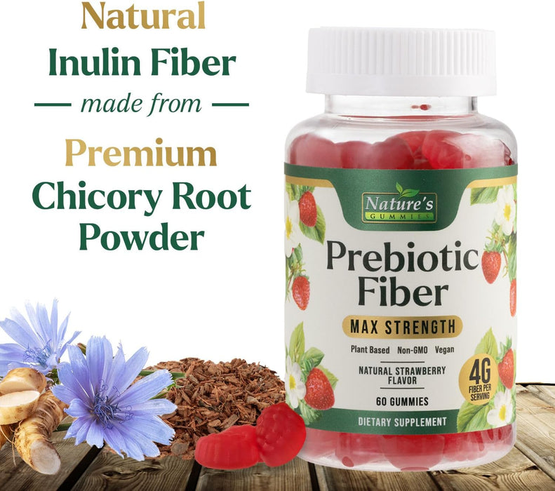 Nature's Gummies Fiber Supplement - Max Strength 4g of Natural Soluble Prebiotic Fiber, Supports Digestive Health & Regularity, Non-GMO, Chicory Gummy Supplements for Adults, Berry Flavor, 60 Gummies