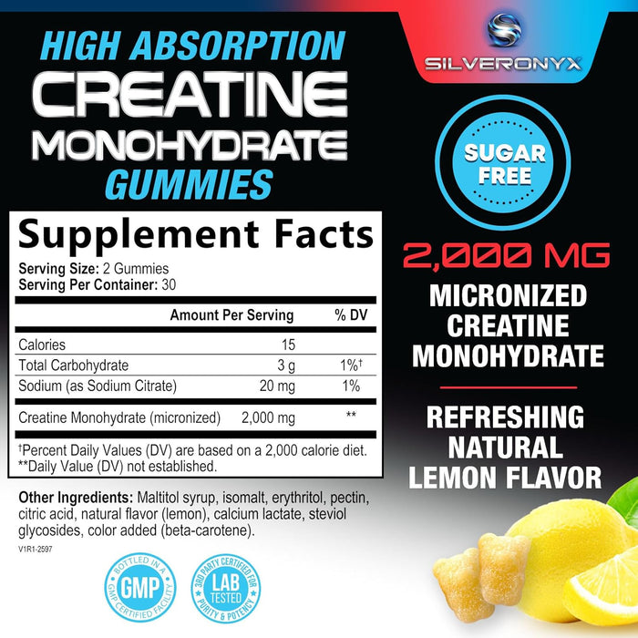Creatine Monohydrate Gummies 2000mg for Men & Women, Sugar Free Chewables Creatine Monohydrate Pre-Workout Supplement Supports Muscle Recovery, Performance and Strength - Lemon Flavor - 60 Count