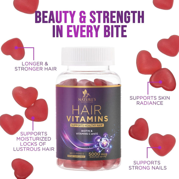 Hair Vitamins Gummy, with Biotin 5000mcg and Vitamins E & C, Advanced Hair Growth Support Gummies for Stronger, Beautiful Hair, Skin & Nails, Nature's Hair Supplement for Women & Men - 60 Gummies