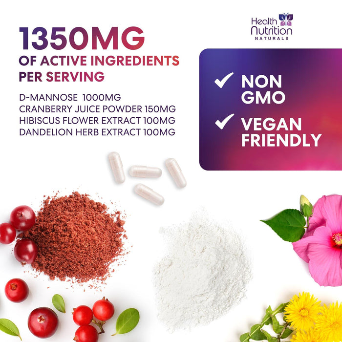 D-Mannose Supplement 1,350mg with Cranberry, Hibiscus & Dandelion - Fast-Acting, Natural Bladder & Urinary Tract Support for Women & Men – Flush & Cleanse Impurities – Non-GMO, Vegan – 60 Capsules