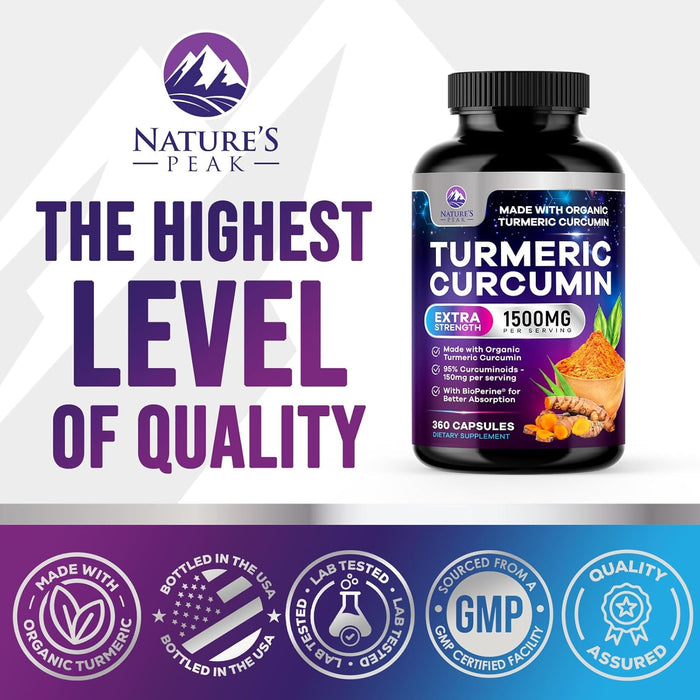 Turmeric Curcumin Supplement with Organic Turmeric - 95% Curcuminoids & BioPerine Black Pepper for High Absorption, Nature's Vegan Joint Support, 1500mg Tumeric Non-GMO, Bottled in USA