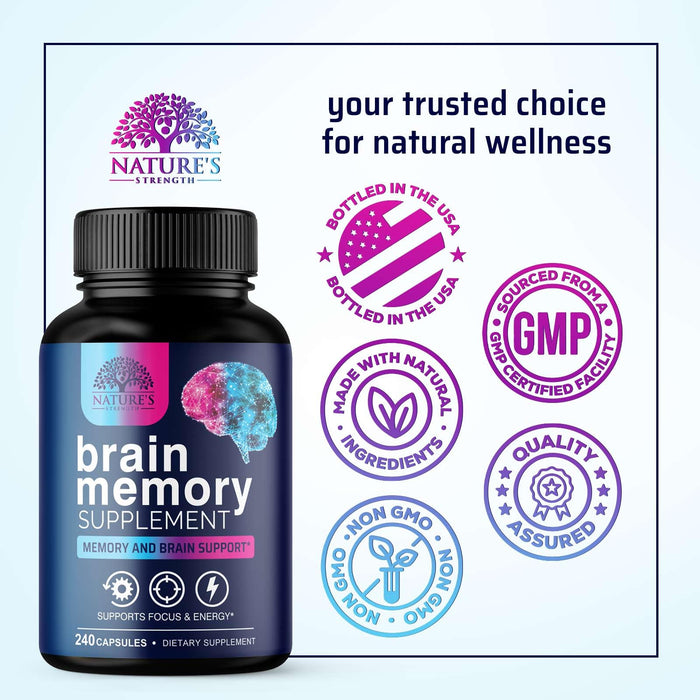 Brain Memory Supplement Pills - Nootropics Support for Concentration, Clarity, Alertness & Focus - Brain Health with Bacopa, Cognitive Vitamins, Phosphatidylserine, DMAE - Brain Booster - 240 Capsules
